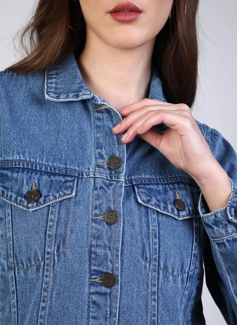 أوربانو فاشن Urbano Fashion Women's Light Blue Regular Fit Washed Full Sleeve Denim Jacket